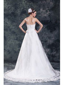 Net Strapless Sweep Train A-line Embroidered Wedding Dress