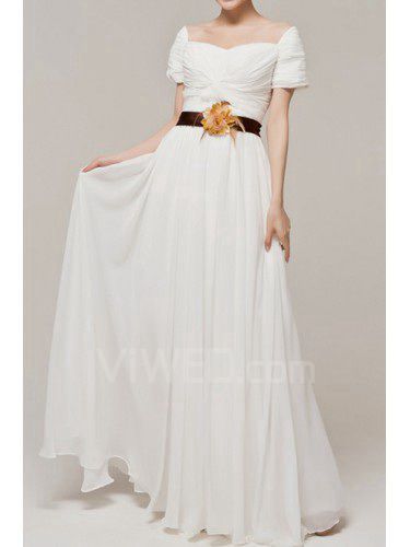 Chiffon Off-the-Shoulder Floor Length A-line Evening Dress with Handmade Flowers