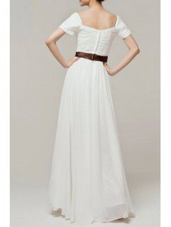 Chiffon Off-the-Shoulder Floor Length A-line Evening Dress with Handmade Flowers