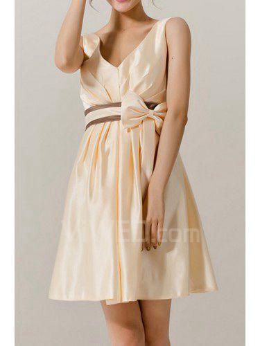 Satin V-neck Short A-line Evening Dress with Bow