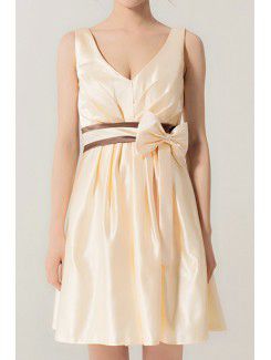 Satin V-neck Short A-line Evening Dress with Bow