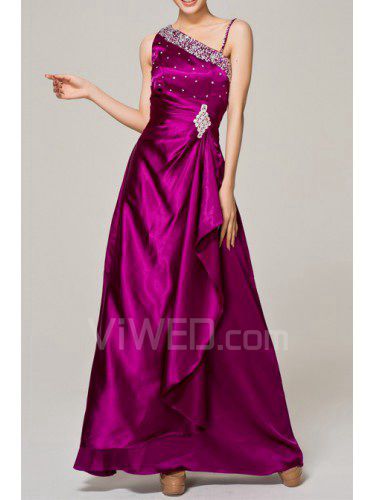 Taffeta Straps Floor Length A-line Evening Dress with Crystal