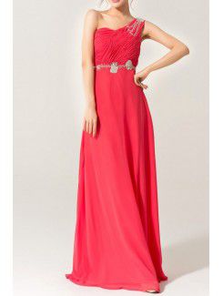 Silk One Shoulder Floor Length A-line Evening Dress with Sequins