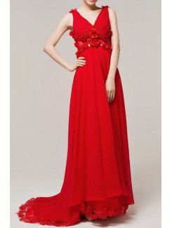 Chiffon V-neck Sweep Train Empire Evening Dress with Crystal