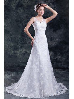 Pizzo spalline sweep treno a-line abito da sposa