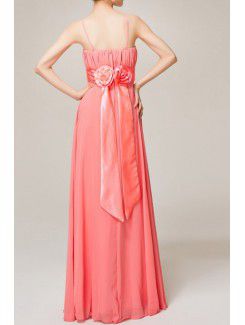 Chiffon Spaghetti Floor Length A-line Evening Dress with Handmade Flowers