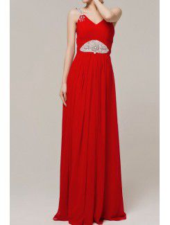 Chiffon V-neck Floor Length Column Evening Dress with Crystal