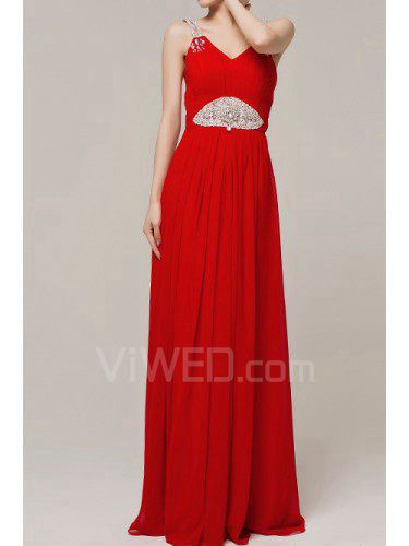 Chiffon V-neck Floor Length Column Evening Dress with Crystal