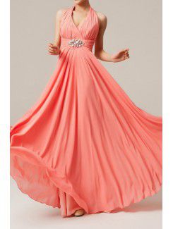 Chiffon Halter Floor Length Corset Evening Dress with Crystal