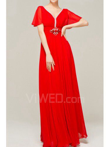 Chiffon V-neck Floor Length Empire Evening Dress with Crystal