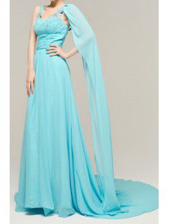 Chiffon V-neck Chapel Train A-line Evening Dress with Crystal