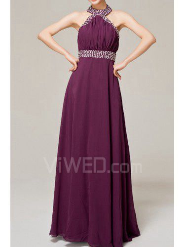 Chiffon Halter Floor Length Empire Evening Dress with Crystal