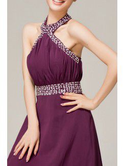 Chiffon Halter Floor Length Empire Evening Dress with Crystal