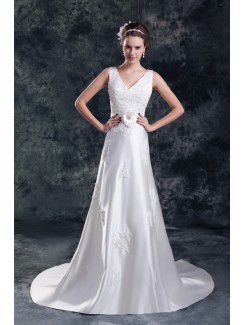 Satin V-Neck Sweep Train A-line Embroidered Wedding Dress