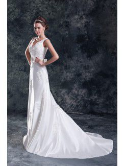 Satin V-Neck Sweep Train A-line Embroidered Wedding Dress