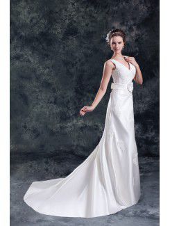 Satin V-Neck Sweep Train A-line Embroidered Wedding Dress