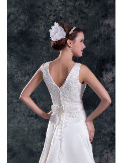 Satin V-Neck Sweep Train A-line Embroidered Wedding Dress