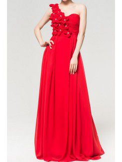 Chiffon One Shoulder Floor Length Empire Evening Dress with Handmade Flowers