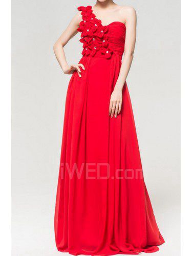 Chiffon One Shoulder Floor Length Empire Evening Dress with Handmade Flowers