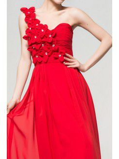 Chiffon One Shoulder Floor Length Empire Evening Dress with Handmade Flowers