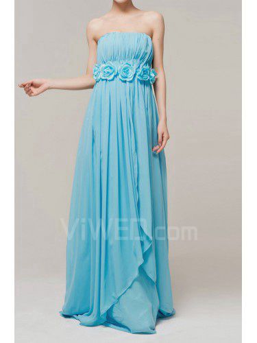 Chiffon Strapless Floor Length Empire Evening Dress with Handmade Flowers