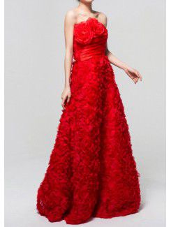 Lace Strapless Floor Length A-line Evening Dress with Handmade Flowers