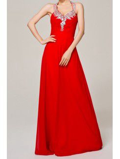 Chiffon Halter Floor Length A-line Evening Dress with Crystal