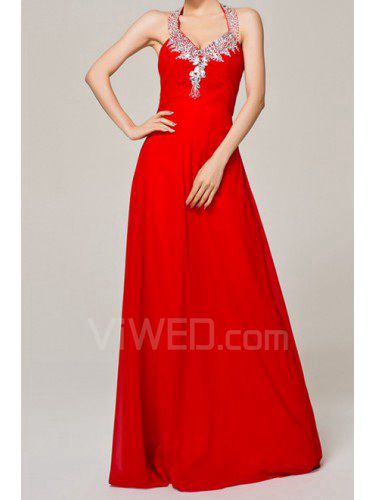 Chiffon Halter Floor Length A-line Evening Dress with Crystal