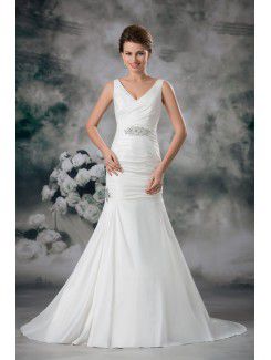 Taffetas col en v balayage train gaine robe de mariée brodée