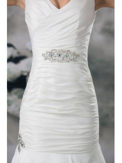 Taffeta V-Neck Sweep Train Sheath Embroidered Wedding Dress