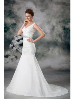 Taffeta V-Neck Sweep Train Sheath Embroidered Wedding Dress