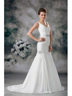 Taffeta V-Neck Sweep Train Sheath Embroidered Wedding Dress