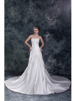 Satin Strapless Chapel Train A-line Embroidered Wedding Dress