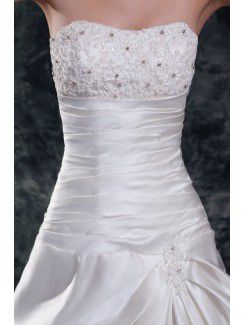 Satin Strapless Chapel Train A-line Embroidered Wedding Dress