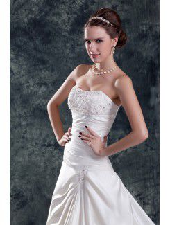 Satin Strapless Chapel Train A-line Embroidered Wedding Dress