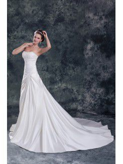 Satin Strapless Chapel Train A-line Embroidered Wedding Dress