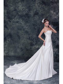 Satin Strapless Chapel Train A-line Embroidered Wedding Dress