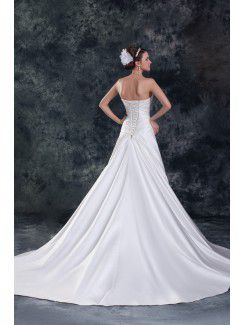 Satin Strapless Chapel Train A-line Embroidered Wedding Dress