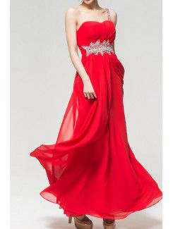 Chiffon One Shoulder Floor Length A-line Evening Dress with Crystal