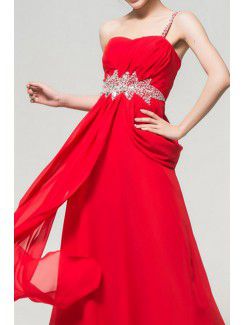 Chiffon One Shoulder Floor Length A-line Evening Dress with Crystal