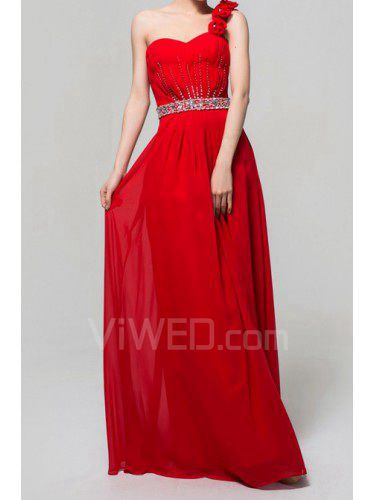 Chiffon One Shoulder Floor Length A-line Evening Dress with Crystal