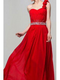 Chiffon One Shoulder Floor Length A-line Evening Dress with Crystal