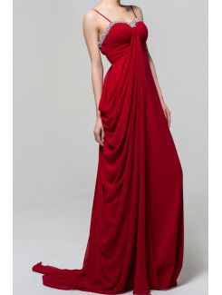 Charmeuse Spaghetti Sweep Train Empire Evening Dress with Beading