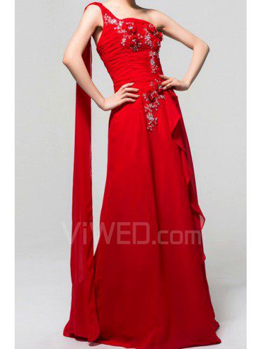 Chiffon One Shoulder Floor Length A-line Evening Dress with Handmade Flowers