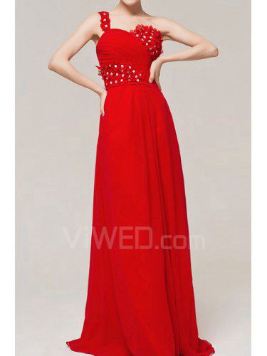 Chiffon One Shoulder Floor Length A-line Evening Dress with Crystal