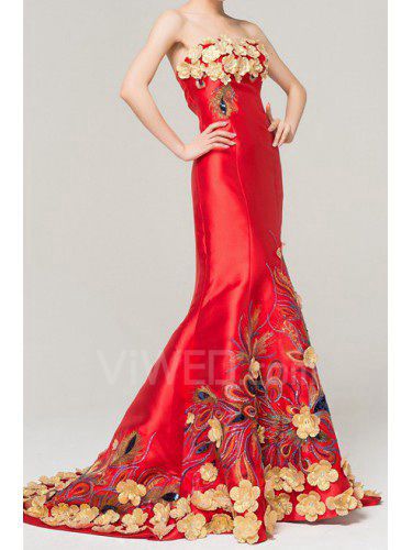 Satin Strapless Chapel Train Mermaid Evening Dress with Embroidered