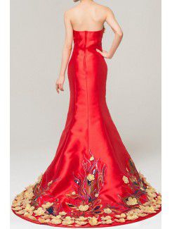 Satin Strapless Chapel Train Mermaid Evening Dress with Embroidered