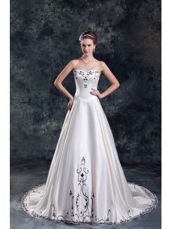 Satin Sweetheart Sweep Train A-line Embroidered Wedding Dress