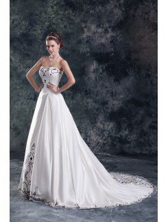 Satin Sweetheart Sweep Train A-line Embroidered Wedding Dress