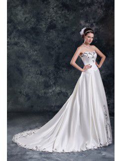 Satin Sweetheart Sweep Train A-line Embroidered Wedding Dress